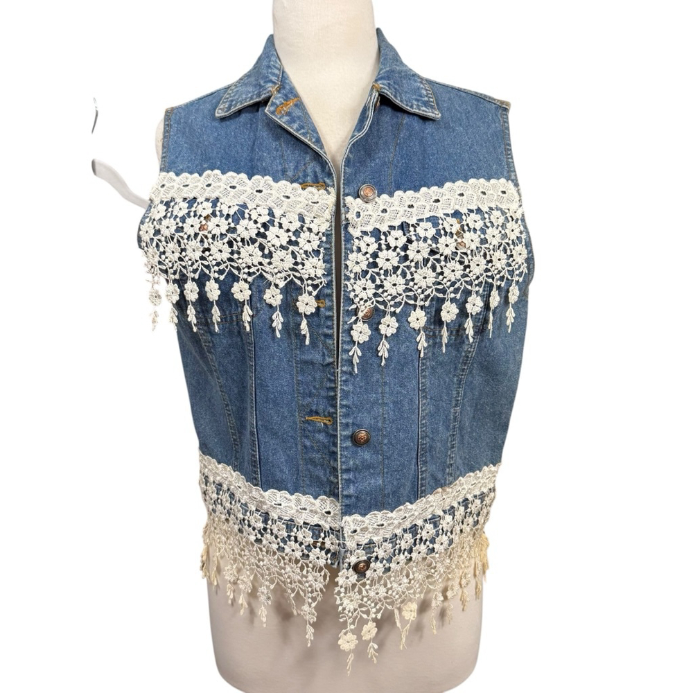 Vintage Loco Club Denim Vest Lace Crochet Fringe Size Medium